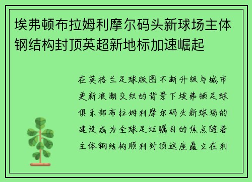 埃弗顿布拉姆利摩尔码头新球场主体钢结构封顶英超新地标加速崛起