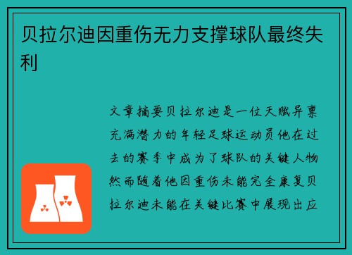 贝拉尔迪因重伤无力支撑球队最终失利